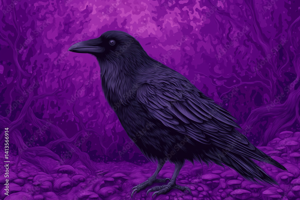 Black raven standing in fantasy purple forest with mushrooms and twisted trees