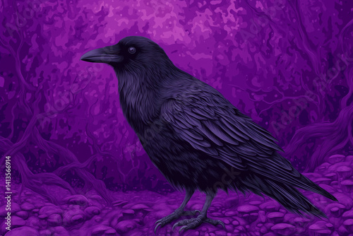 Obraz na płótnie Black raven standing in fantasy purple forest with mushrooms and twisted trees w salonie