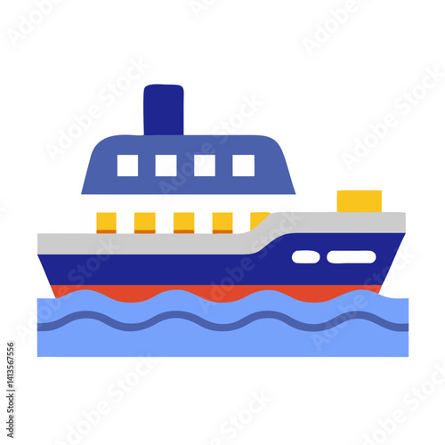 Ferryboat Icon in Flat Design with Blue and Red Colors  
