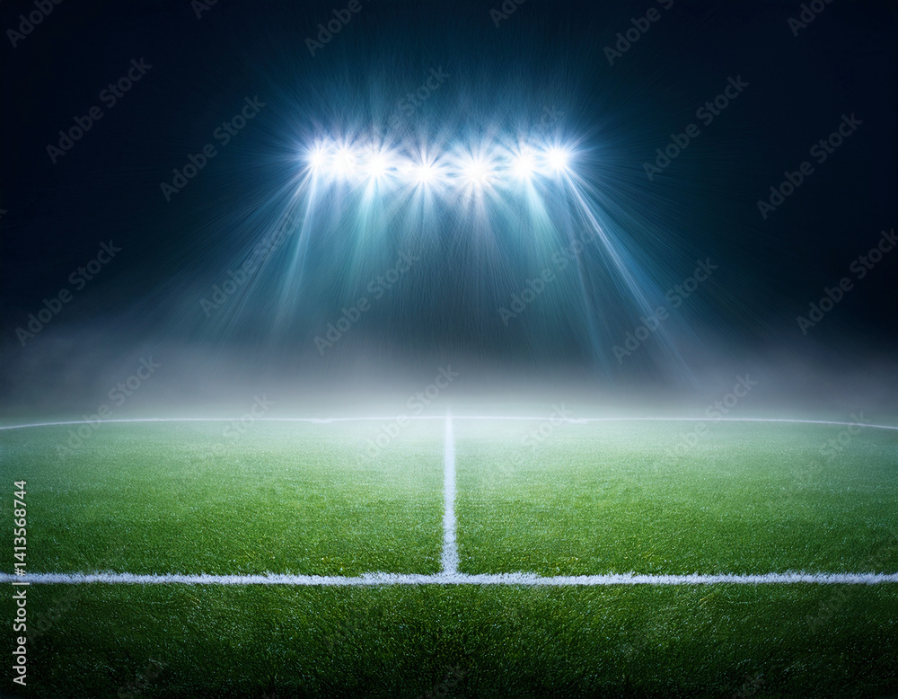 Obraz premium Under the intense glow of stadium floodlights, an empty football field awaits the roar of the crowd and the thrill of the upcoming match under the night sky.