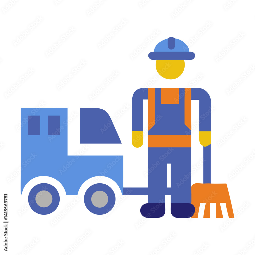 Street Sweeper Icon with Worker Holding Broom Street Sweeper Icon with Worker Holding Broom