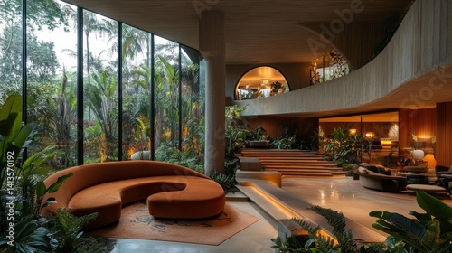 mid-century modern hotel lobby with iconic curved furniture, warm walnut paneling, sunken seating area, statement chandelier, floor-to-ceiling glass showcasing a lush outdoor garden