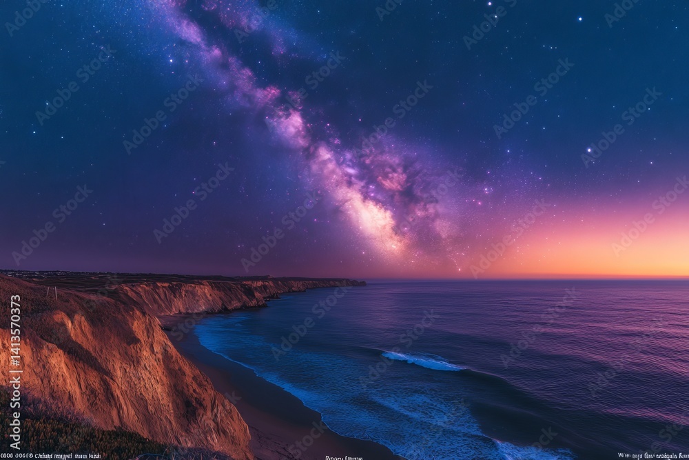 Fototapeta premium Milky Way arching over a coastal landscape, faint reflections of the stars shimmering in the ocean waves below