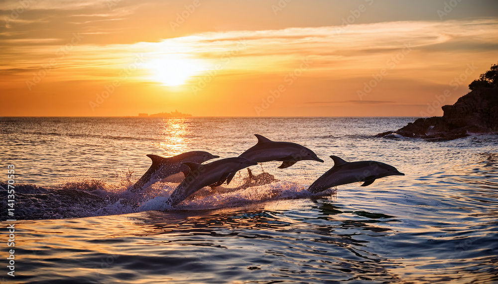 Fototapeta premium Four dolphins leap gracefully through the shimmering ocean waves during a breathtaking sunset, creating a magical moment of harmony between wildlife and nature’s beauty.