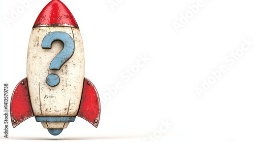 Rustic Rocket with Question Mark on White Background