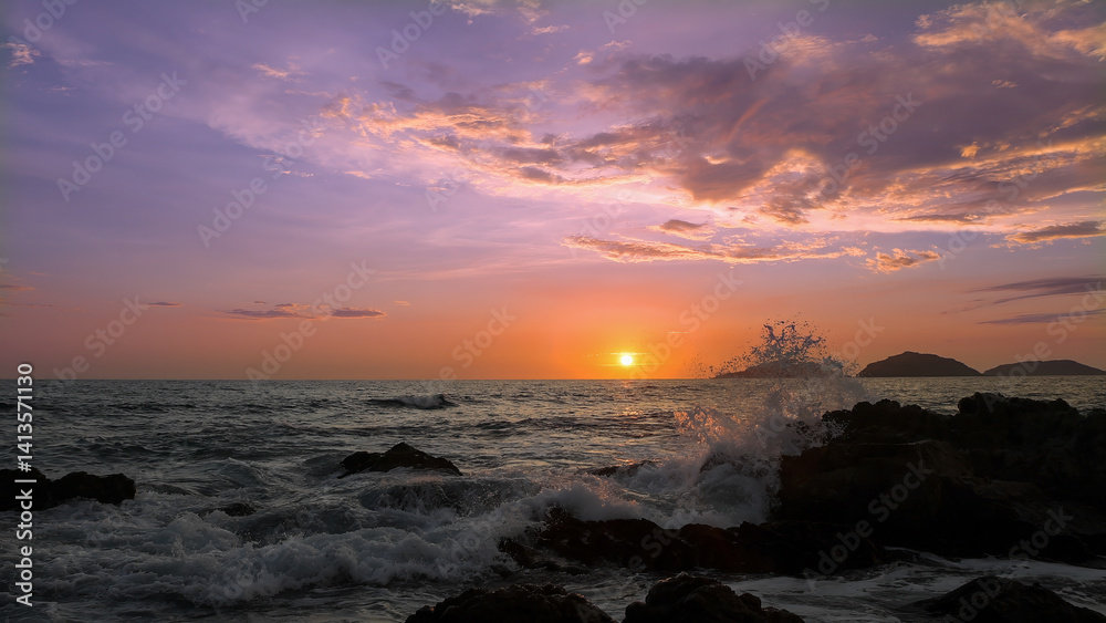 Mazatlan beaches, sunsets and scenic slow motion ocean swells and waves near Malecon sea promenade.