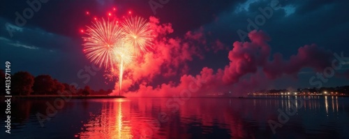 Vibrant firework display with glowing embers and smoke rising from waterfront, waterfront, smoke, fiery