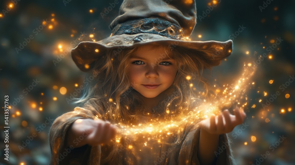Magical Child in Wizard Hat Casting Sparkling Light Fantasy Scene for Enchantment and Wonder Magical Child in Wizard Hat Casting Sparkling Light Fantasy Scene for Enchantment and Wonder