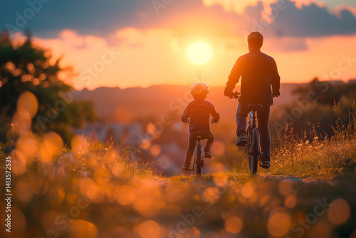 A man and a child are riding bikes together