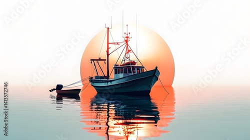Scenic View of Fishing Boat Sailing on Sunlit Sea Water Background