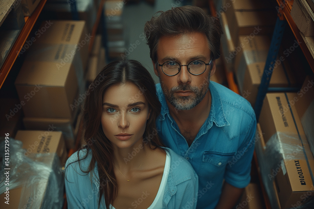A man and a woman standing in a warehouse A man and a woman standing in a warehouse