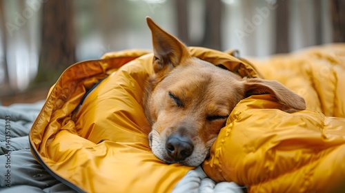 Peaceful Morning Rest: A Joyful Canine Sleeping During Campsite Adventure