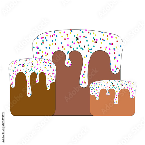 Easter cake trio. Icing top decoration. Colorful sprinkle surface. Sweet food vector.