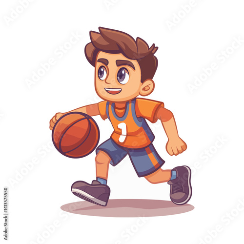 Cute Cartoon Boy Dribbling a Basketball Fun Sports Illustration