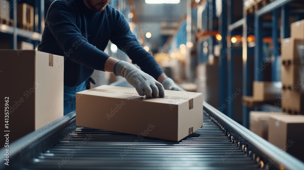 Factory worker loading items onto a conveyor belt. Featuring warehouse tasks and product handling Factory worker loading items onto a conveyor belt. Featuring warehouse tasks and product handling