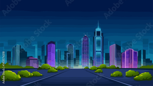 This stunning digital illustration captures a vibrant night cityscape featuring futuristic skyscrapers illuminated by neon lights. The blend of colors creates a captivating urban ambiance.