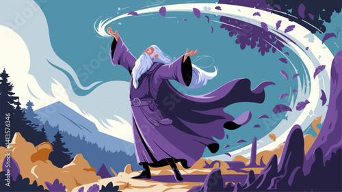 A powerful wizard in a flowing robe conjures magic amidst nature. Vivid colors and dynamic movement capture a sense of wonder and adventure.