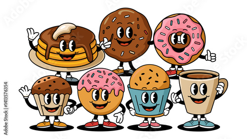 Delight in this vibrant illustration featuring animated dessert characters: pancakes, donuts, muffins, and coffee. Perfect for food-themed designs!