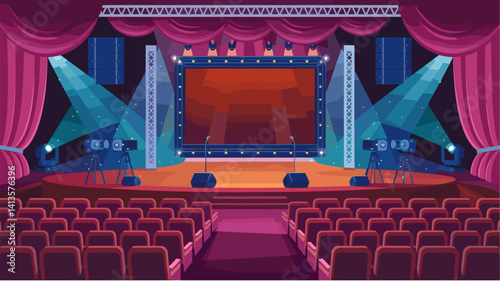 Explore this vibrant theater stage designed for live performances, complete with stunning lighting, microphones, and cameras, awaiting an exciting show.