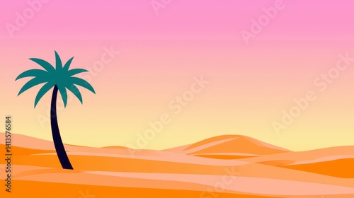 Solitary Palm Tree in Orange Desert at Sunset