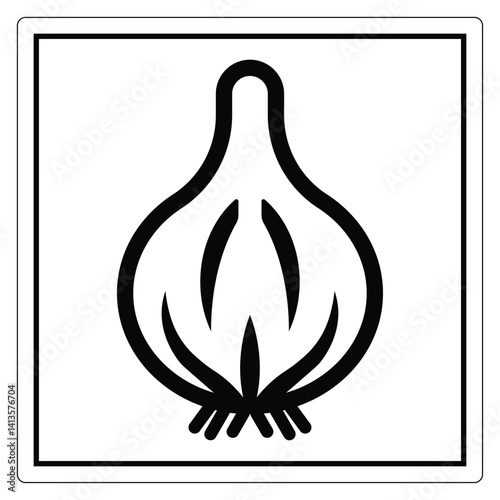 Black and White Minimalist Icon of a Garlic Bulb with Stylized Leaves