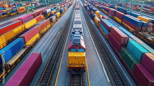 Cargo train hauling intermodal containers viewed from above, rail transportation
