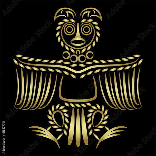 Stylized owl. Ethnic Russian totem bird design from ancient Siberia. Animal Permian style. Golden silhouette on black background.