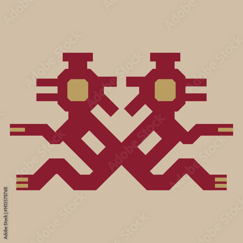 Symmetrical geometrical design with two fantastic seated creatures. Ethnic Native American motif from ancient Peru. Chimu culture.