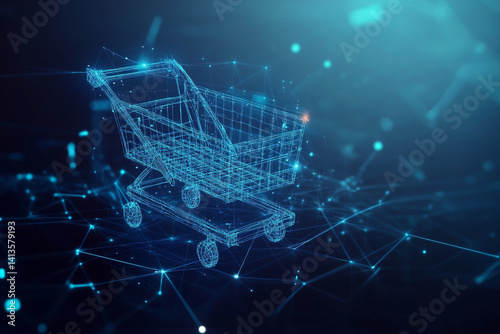 supermarket cart sign abstract low poly wireframe style. Abstract geometric background. Wireframe light structure. Modern 3d graphic concept on blue dark background