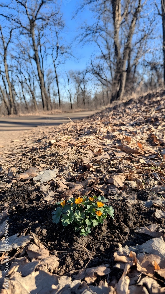 Vibrant Yellow Flower Blooming in Early Spring Forest Path Vibrant Yellow Flower Blooming in Early Spring Forest Path