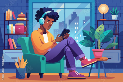vector of Afro guy in headphones using smartphone sitting on chair indoors