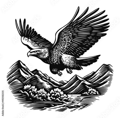 Majestic Eagle Soaring Above Mountain Landscape in Woodcut Style