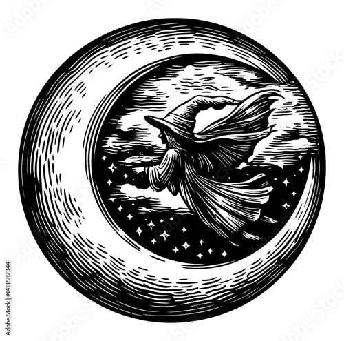 Enigmatic Witch Flying Through a Crescent Moon Engraving Artwork