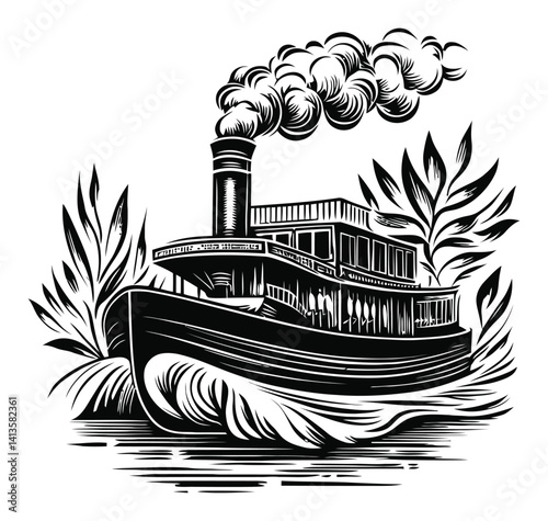 Vintage Woodcut Style Riverboat with Smokestack and Foliage Design