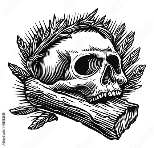 Detailed Black and White Engraving of Skull with Laurel Leaves