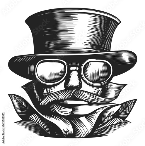 Vintage Woodcut Illustration of a Stylish Man with Top Hat and Glasses
