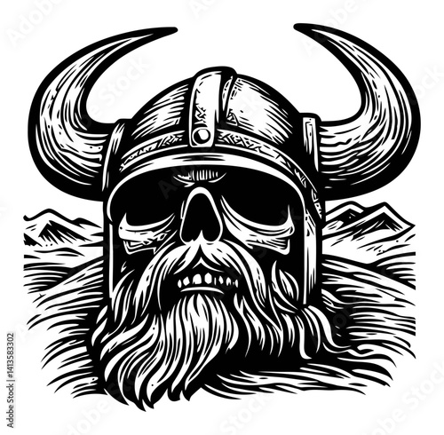 Viking Skull with Horned Helmet Woodcut Style Art Illustration