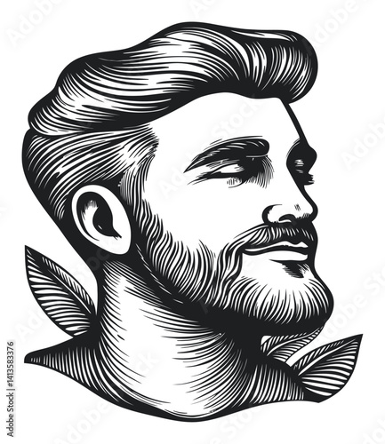 Detailed Black and White Engraving of a Handsome Young Man