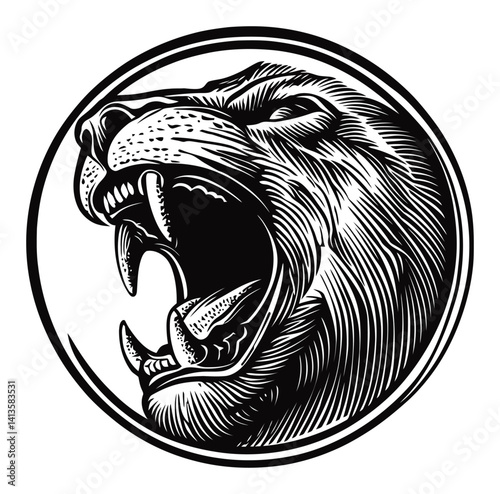 Detailed Black and White Woodcut of a Roaring Lion Head