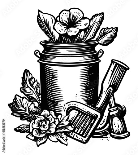 Vintage Woodcut Style Garden Tools and Flowers Illustration