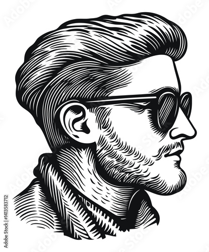 Engraving of a Stylish Young Man with Sunglasses in Profile View