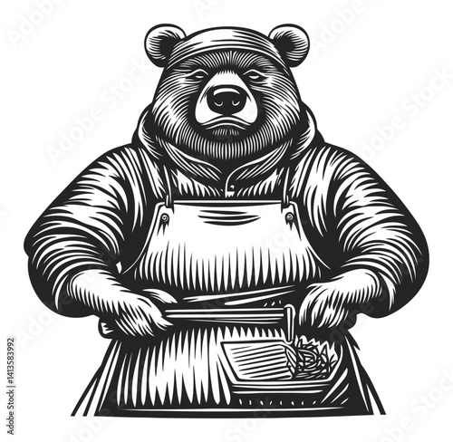 Bear Woodcut Illustration in Apron Preparing Delicious Meal