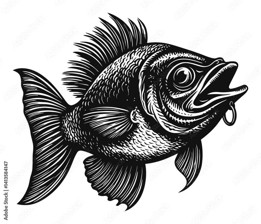 Intricate Black and White Woodcut Illustration of a Fish Intricate Black and White Woodcut Illustration of a Fish