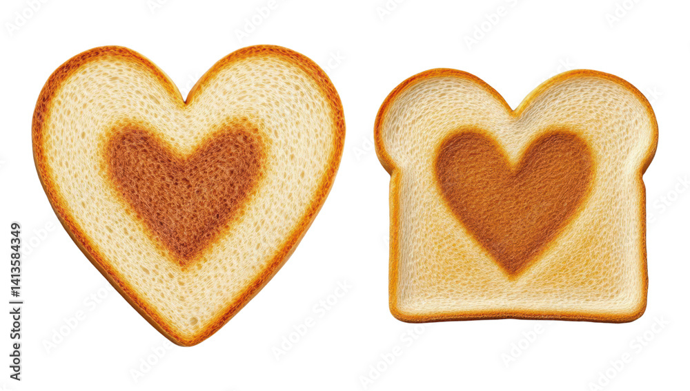 Heart Shaped Toast Slice and Regular Toast with Brown Heart Pattern in Middle Made from Fresh Bread Isolated on Transparent and White Background Heart Shaped Toast Slice and Regular Toast with Brown Heart Pattern in Middle Made from Fresh Bread Isolated on Transparent and White Background