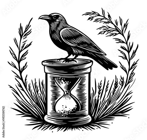 Raven on Hourglass Surrounded by Elegant Grass and Foliage