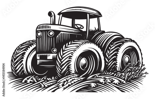 Vintage Woodcut Style Tractor Illustration on a Farm Landscape