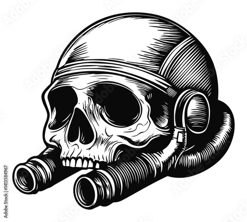 Vintage Engraving of Skull with Gas Mask for Dark Art Enthusiasts