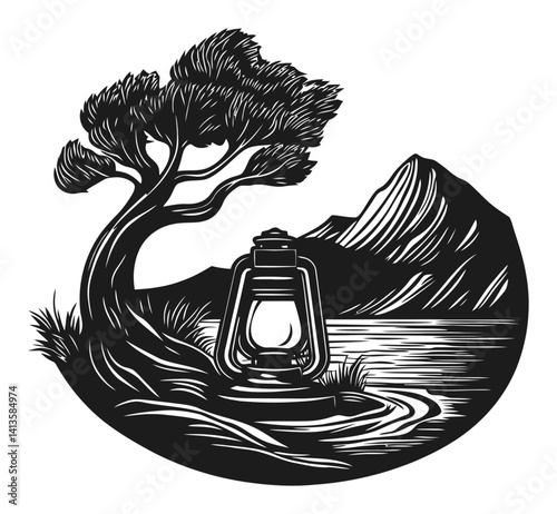 Vintage Woodcut Style Lantern by the Lake with Scenic Mountains