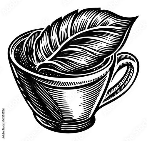 Vintage Woodcut of a Cup with a Leaf Design for Creative Projects