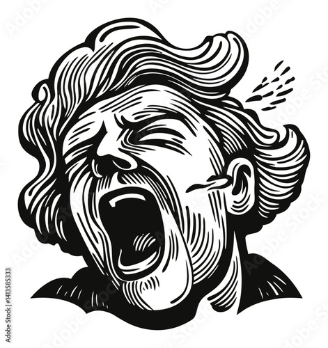 Expression of Anguish in Detailed Woodcut Style Artwork